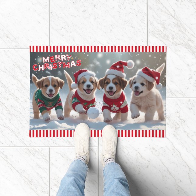 Paillasson Chiots très amusants à la neige Jouer à Noël de ne (Intérieur)