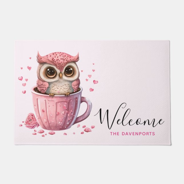 Paillasson Chouette rose mignonne dans une coupe Bienvenue (Devant)
