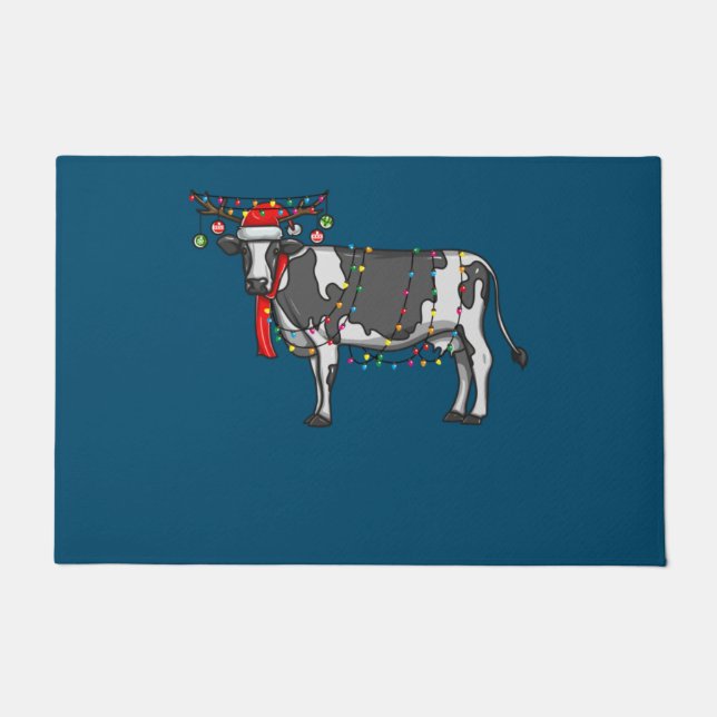 Paillasson Christmas Cow Holiday Lights With Antlers And Orna (Devant)