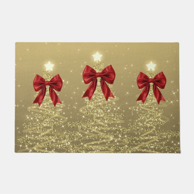 Paillasson Christmas Sparkling Trees Gold Faux Red Bow  (Devant)