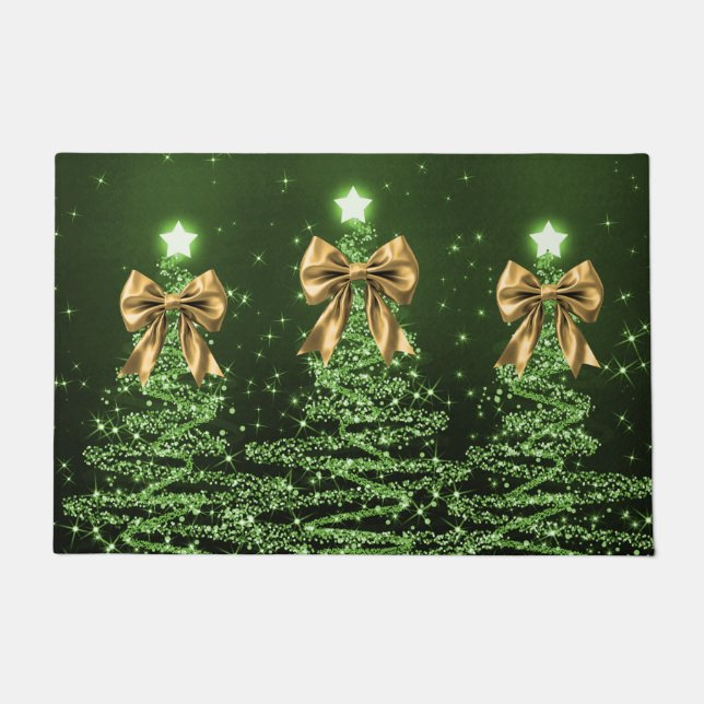 Paillasson Christmas Sparkling Trees Green Faux Gold Bow  (Devant)