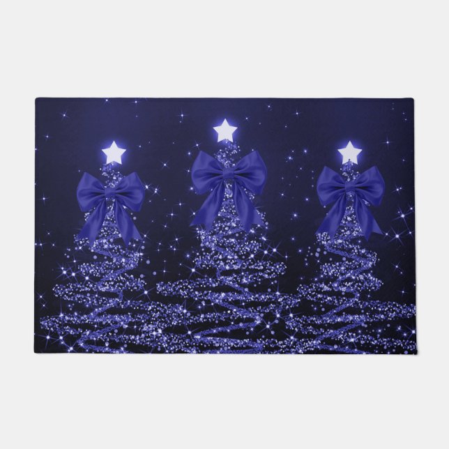 Paillasson Christmas Sparkling Trees Navy Blue Faux Bow  (Devant)