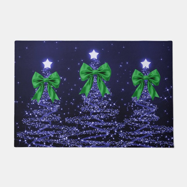 Paillasson Christmas Sparkling Trees Navy Blue Green Bow  (Devant)