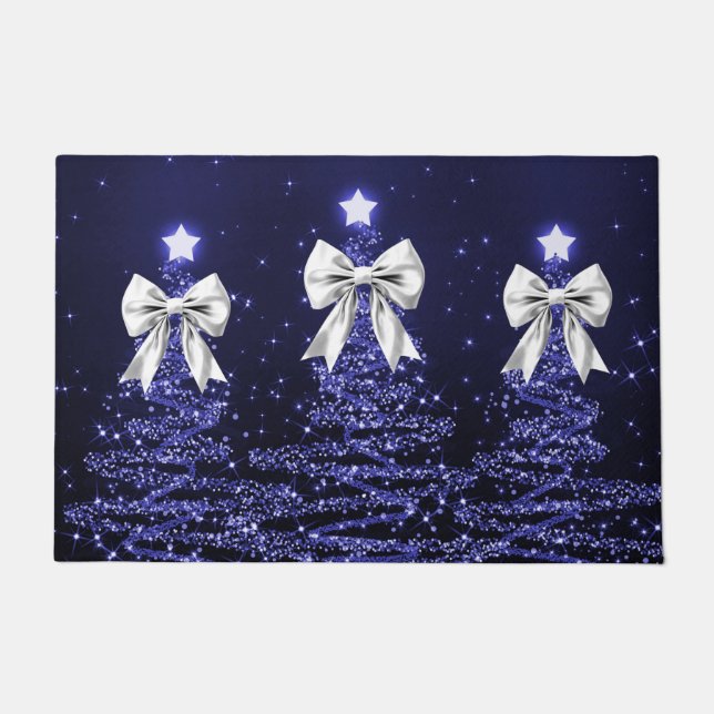 Paillasson Christmas Sparkling Trees Navy Faux Silver Bow  (Devant)