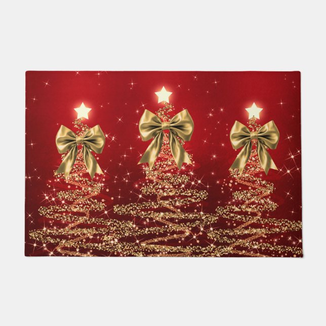 Paillasson Christmas Sparkling Trees Red Gold Faux Bow  (Devant)