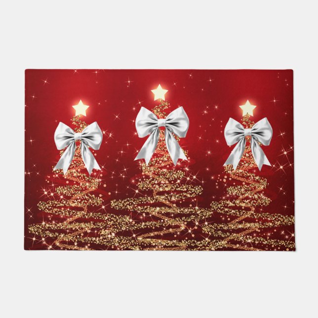Paillasson Christmas Sparkling Trees Red Gold Silver Bow  (Devant)