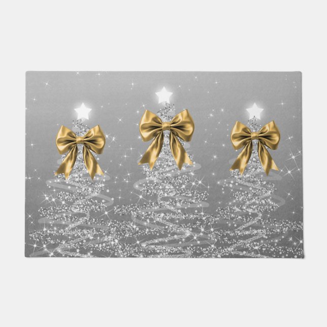Paillasson Christmas Sparkling Trees Silver Faux Gold Bow  (Devant)