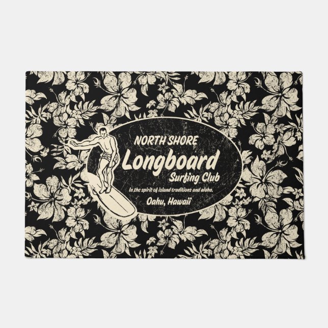 Paillasson Club Surf Longboard Logo et Hibiscus Black (Devant)