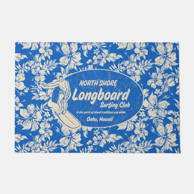 Paillasson Club Surf Longboard Logo et Hibiscus Blue (Devant)