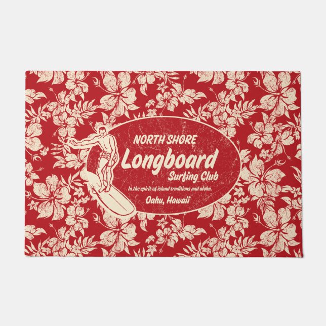 Paillasson Club Surf Longboard Logo et Hibiscus Red (Devant)