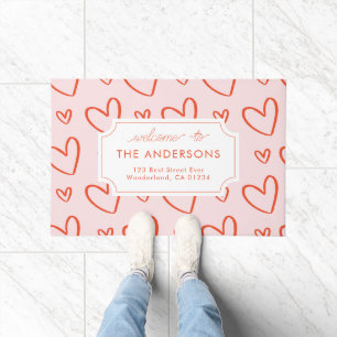 Paillasson Coeurs - adresse de famille rose et rouge