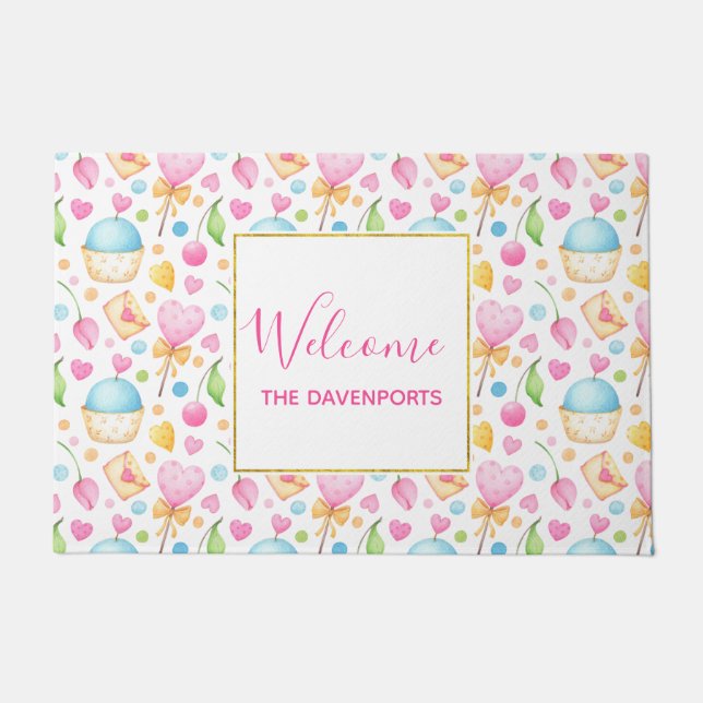 Paillasson Coeurs et cupcakes Motif d'aquarelle (Devant)