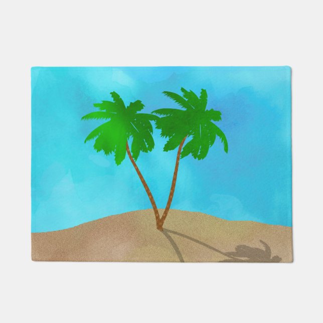 Paillasson Collage de scène de plage de palmier d'aquarelle (Devant)