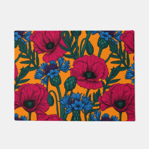 Paillasson Coquelicots rouges et fleurs bleues sur orange