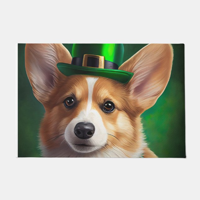 Paillasson Corgi Dog en robe de fête St. Patrick (Devant)