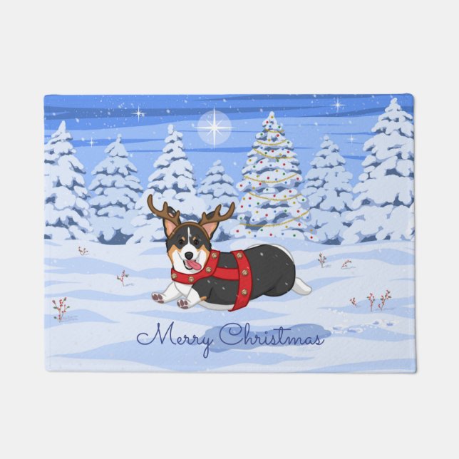 Paillasson Costume de renne de Noël Corgi noir mignon (Devant)