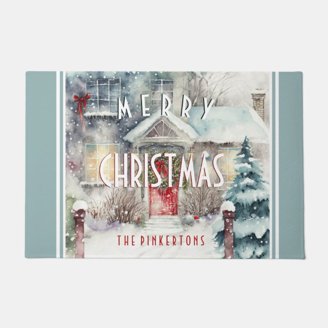 Paillasson Cottage enneigé Joyeux Noël personnalisé (Devant)