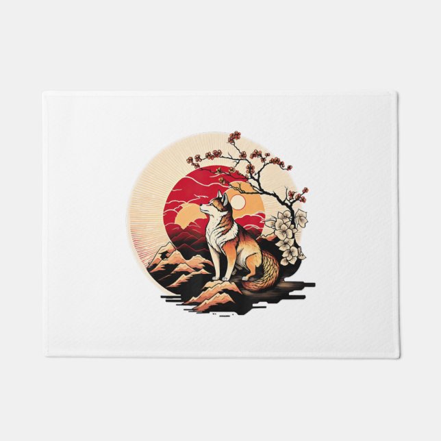 Paillasson Coucher de soleil japonais Shiba Inu Dog Ukiyo e S (Devant)