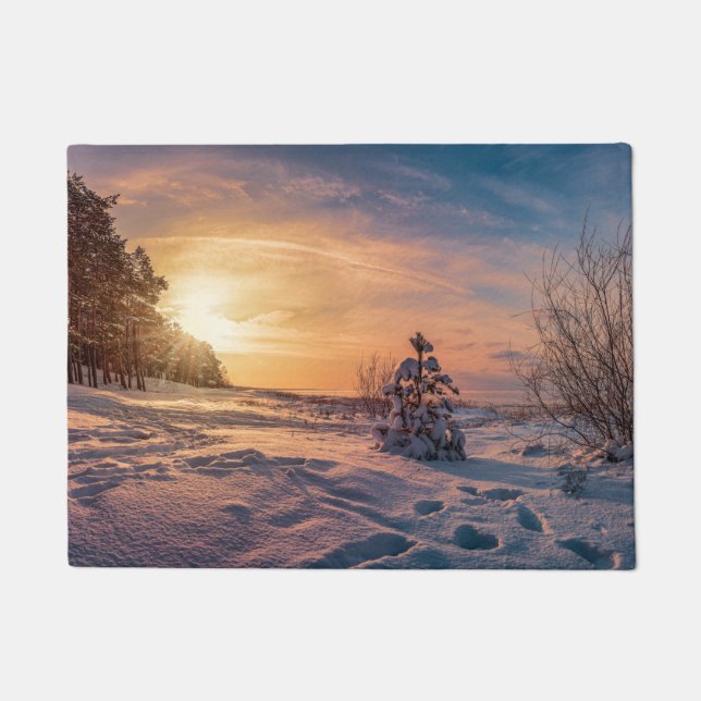 Paillasson Coucher de soleil sur la côte de la mer d'hiver (Devant)