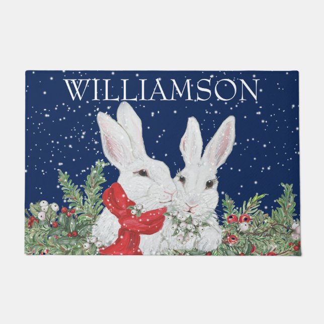 Paillasson Coutume Noël Lapin Lapin Neige hiver Bienvenue (Devant)