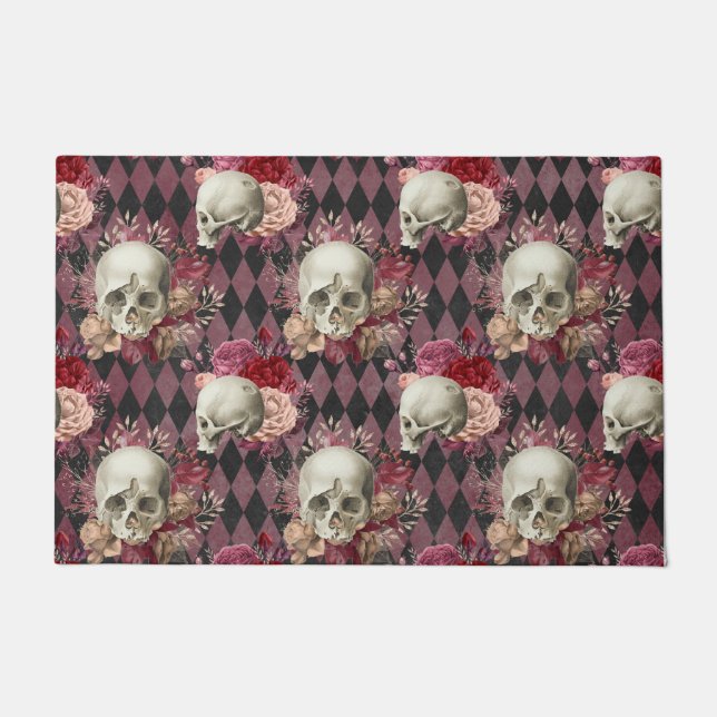 Paillasson Crânes avec des roses et Checkered pourpre rose (Devant)