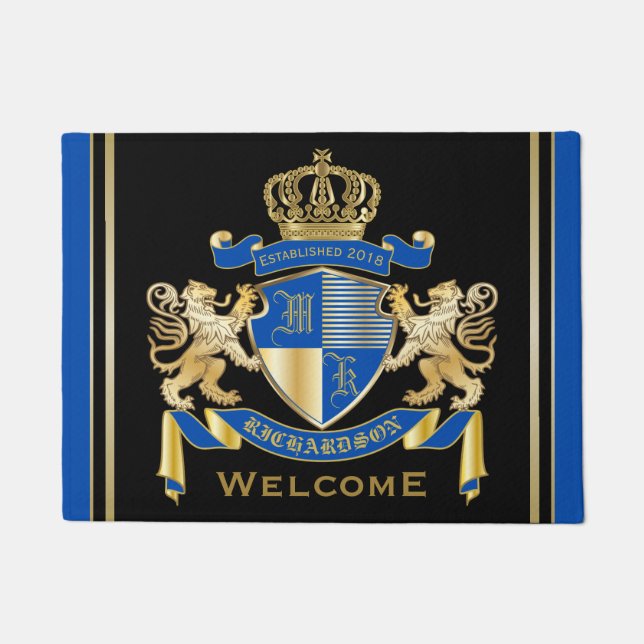 Paillasson Créez votre propre armoirie Blue Gold Lion Emblem (Devant)