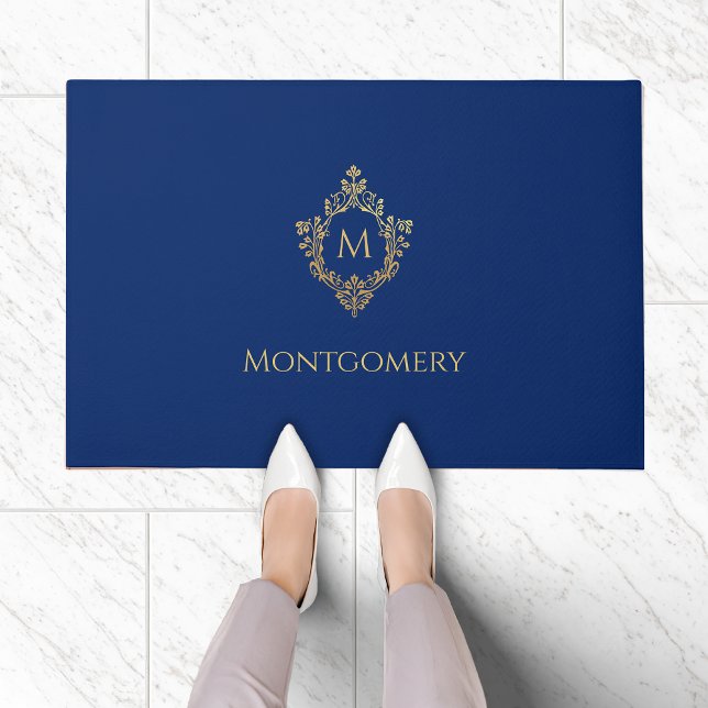 Paillasson Crest Royal Blue Faux Gold Vintage Monogram Name  (Créateur téléchargé)