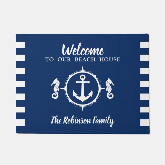 Paillasson Custom Beach House Nom de famille Seahorse Ancre (Devant)