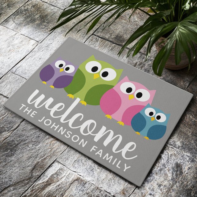 Paillasson Cute Cartoon Owl Nom de famille et nom personnalis (Custom Welcome Mat)