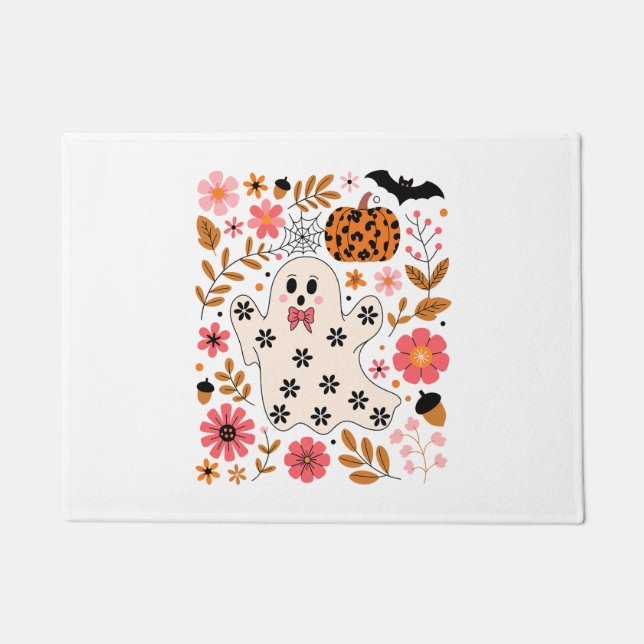 Paillasson Cute Fantôme et Citrouille Floral Éffrayant (Devant)