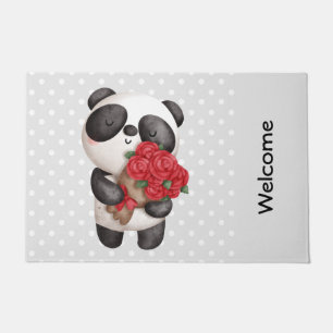 Paillasson Cute Panda Ours portant Bouquet de Rose
