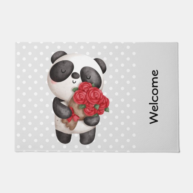 Paillasson Cute Panda Ours portant Bouquet de Rose (Devant)