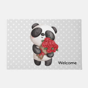 Paillasson Cute Panda Ours portant Bouquet de Roses Bienvenue
