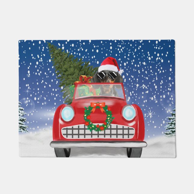 Paillasson Dachshund Chien Conduite Voiture En Noël De Neige (Devant)