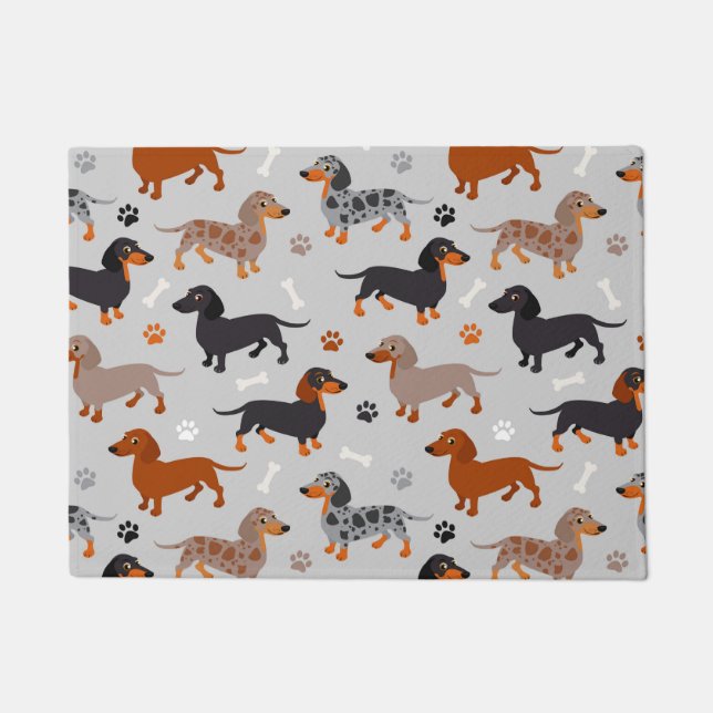 Paillasson Dachshund Paws et Bones Gris Motif (Devant)