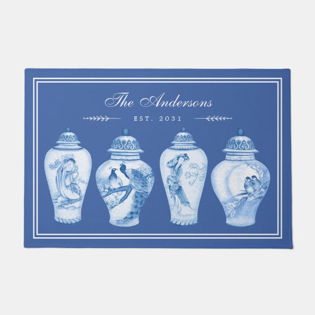 Paillasson Delft Blue Chinoiserie Ginger Jars Famille Monogra (Devant)