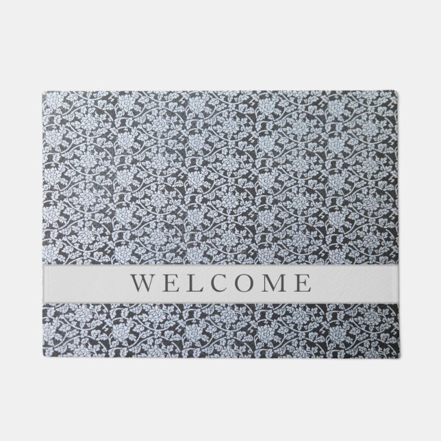 Paillasson Design botanique blanc sur mat de porte gris (Devant)