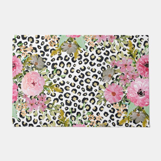 Paillasson Design Empreinte de léopard et floral élégant (Devant)