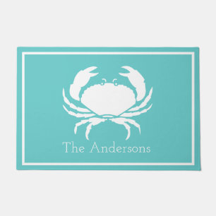 Paillasson Design nautique avec crabe blanc sur bleu Turquois