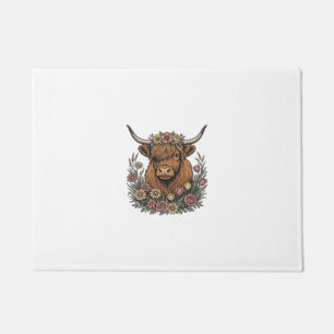 Paillasson Dessin de gravure vintage de vache highland floral