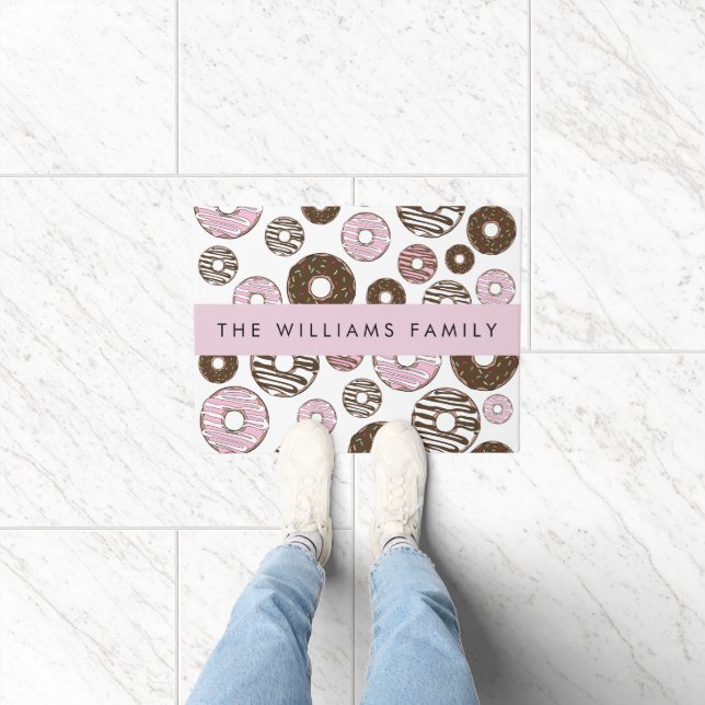 Paillasson Donuts Roses, Donuts Brown, Sprinkings, Votre Nom (Intérieur)