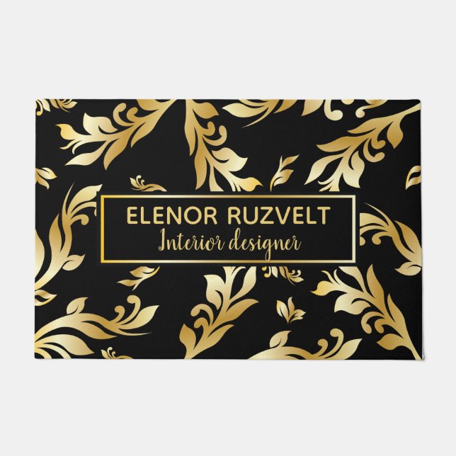 Paillasson doré noir élégant moderne design luxe damas floral (Devant)