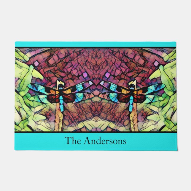 Paillasson Dragonfly Blue Turquoise Aqua Black Nom de famille (Devant)