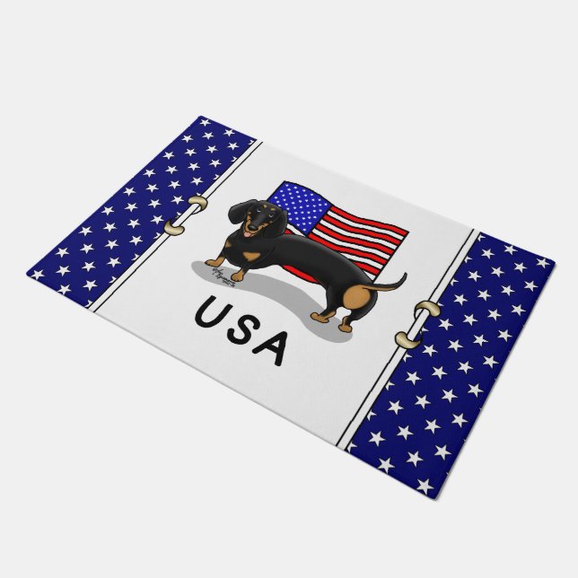 Paillasson Drapeau américain Dachshund - (noir & bronzé) (Incliné)