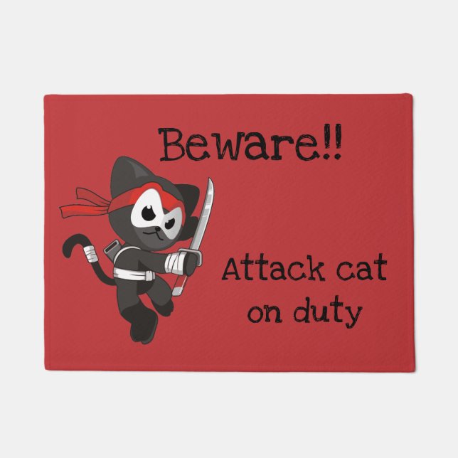 Paillasson Drôle chat d'attaque rouge et noir (Devant)