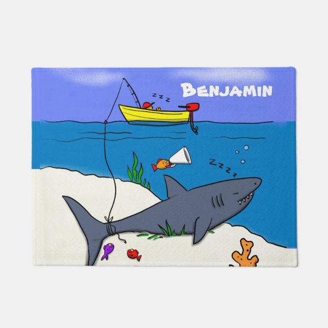 Paillasson Drôle requin couché et dessin animé de pêche (Devant)
