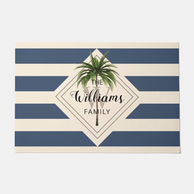 Paillasson Dusty Blue White Stripes Tropical Beach Monogramme (Devant)