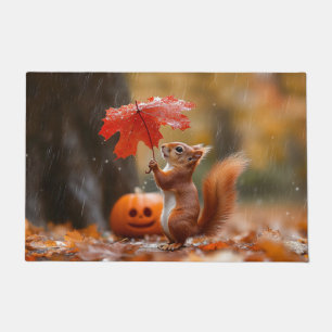 Paillasson Écureuil mignon avec parapluie à feuilles - Pluie 