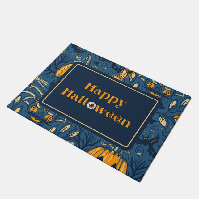 Paillasson Éffrayant Boo Halloween Happy Bleu Orange Automne (Incliné)