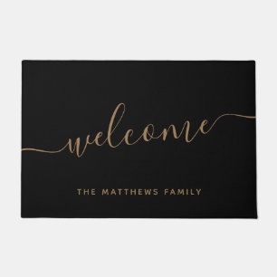 Paillasson Élégant Black Gold Script Nom de famille Bienvenue